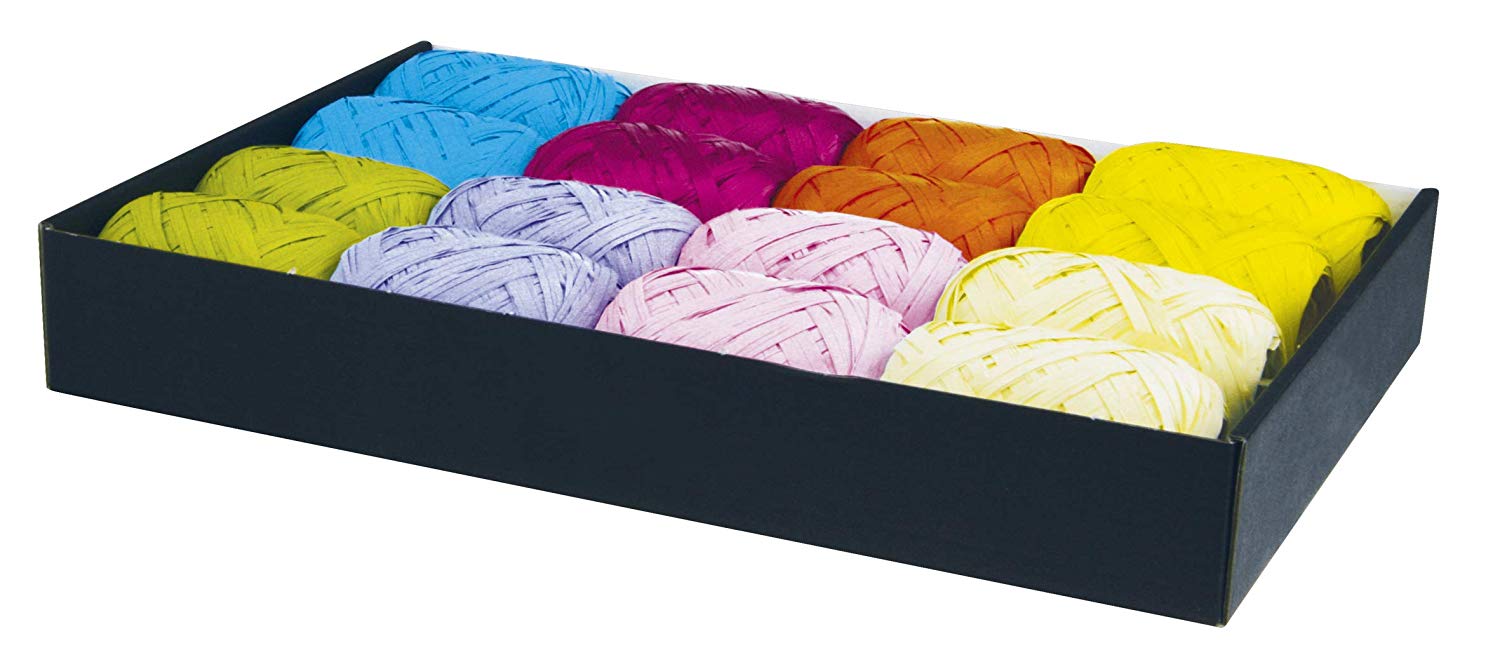 Clairefontaine 611401C -Tray Of 16 Synthetic Raphias, Gift Wrapping Ribbon, Assorted Colours: Ivory, Yellow, Orange, Pink