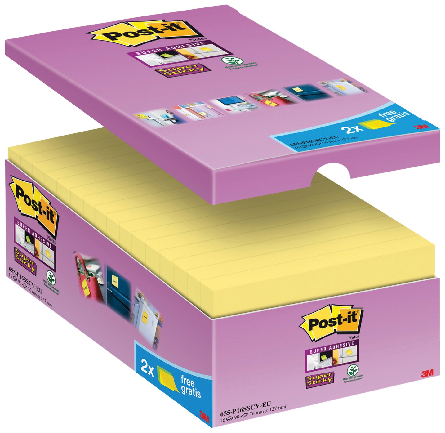 Post-it Super Sticky Notes, 1440 Sheets, Value Pack of 14 + 2 Free Pads, 76 mm x 127 mm, Canary Yellow