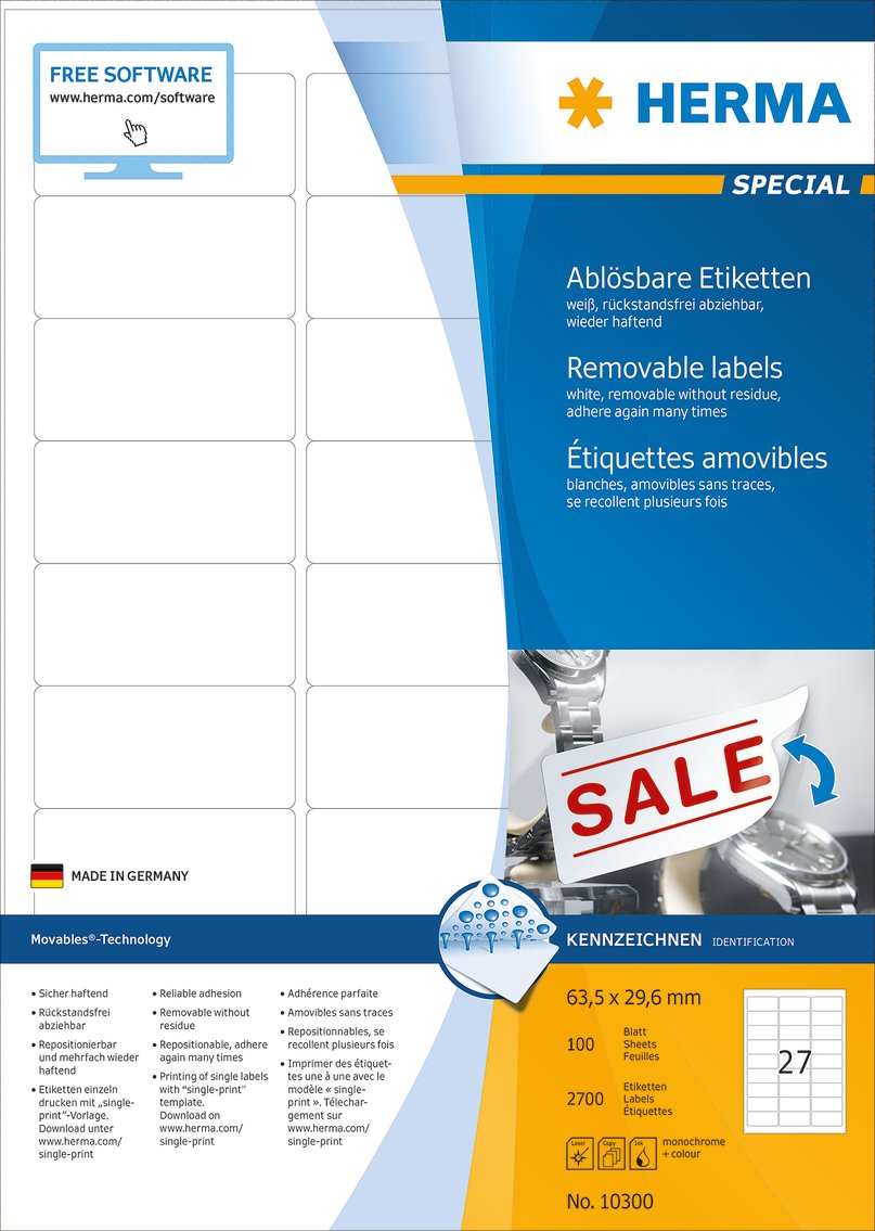 HERMA Self Adhesive Removable Labels, 27 Labels per A4 Sheet, 100 Sheets, 63.5 x 29.6 mm, 2700 Labels - Image 3
