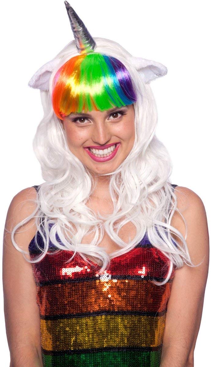 Folat - Unicorn White Wig with Rainbow Fringe - One Size, Costumes