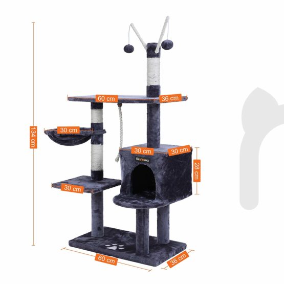 FEANDREA 134 cm Cat Tree Scratcher with big platform cat houses horsetail decorative balls Grey M PCT35G - Image 3