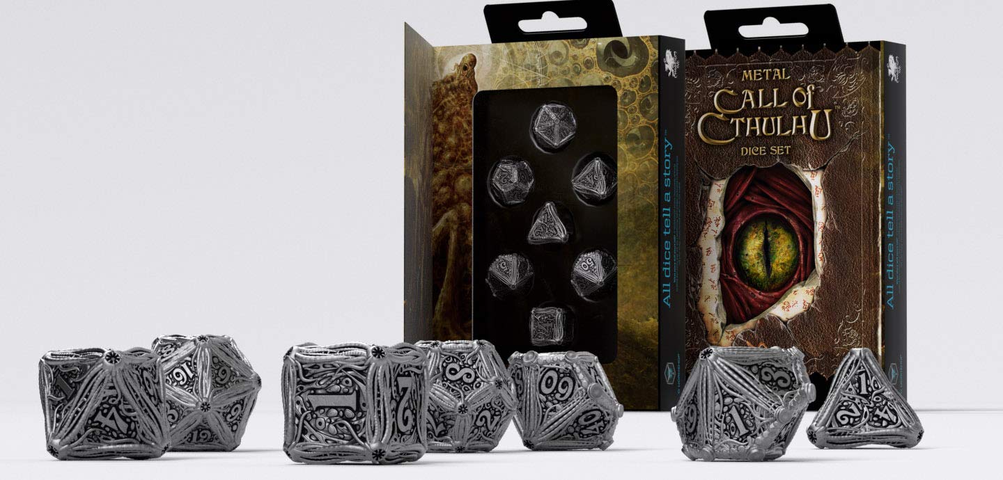 Q WORKSHOP Metal Call Of Cthulh Dice Set (7), Silver,black, d4, d6, d8, d10, d12, d20, d100 - Image 2