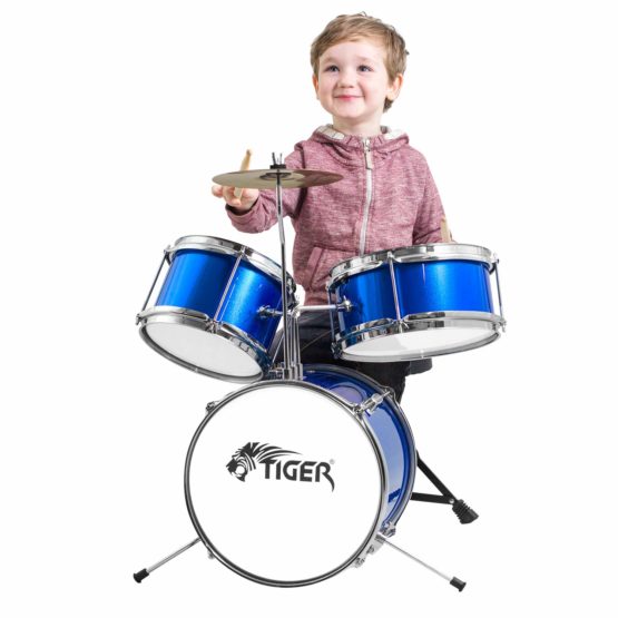 Tiger Junior Kids Drum Kit, 3 Piece Beginners Childrens Drum Set with Snare, Tom, Bass Drum, Bass Drum Pedal, Cymbal and Sticks - Blue - Image 2
