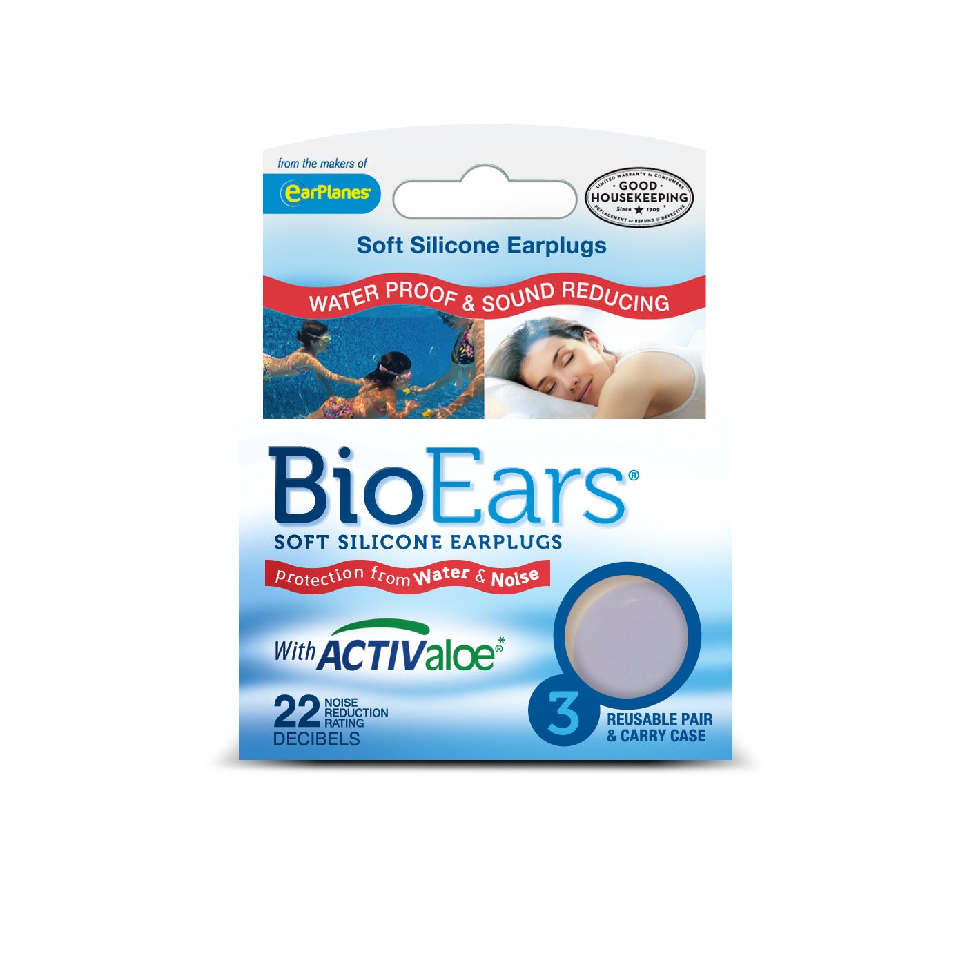 BioEars Soft Silicone Earplugs with ACTIValoe. Premium silicone. Protection from Water and Noise, 3 Count (Pack of 1)