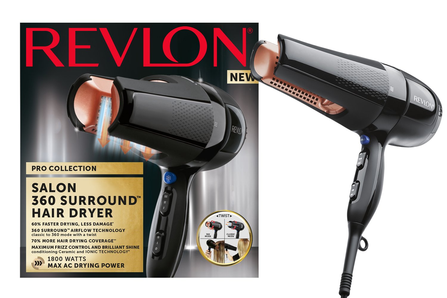 Revlon Pro Collection Salon 360 Surround Ac Hair Dryer, 1800 watt, White Or Black