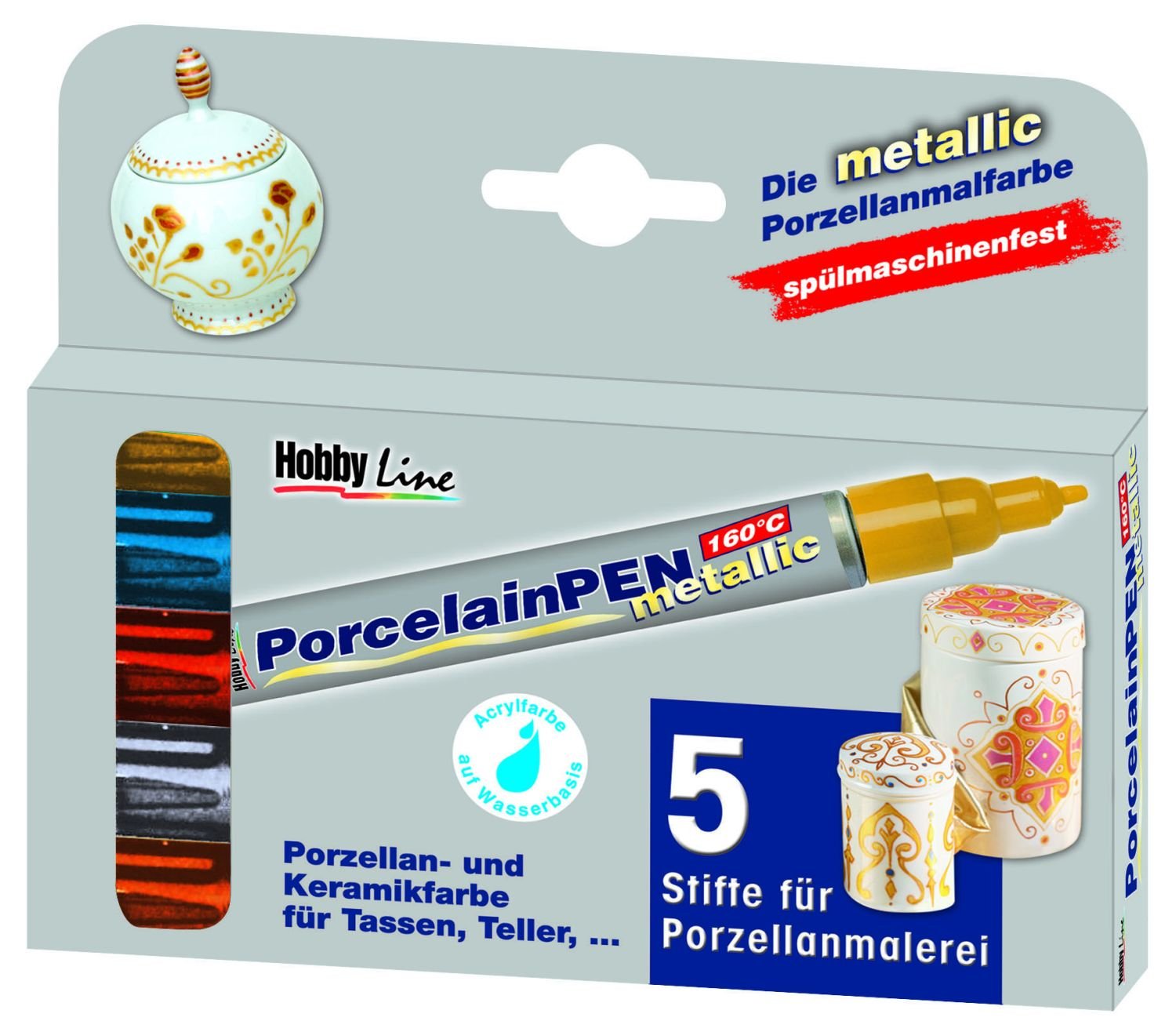 KREUL Hobby Line 16350, Porcelain pen, Blue,Copper,Gold,Red,Silver, 1 count (Pack of 5)