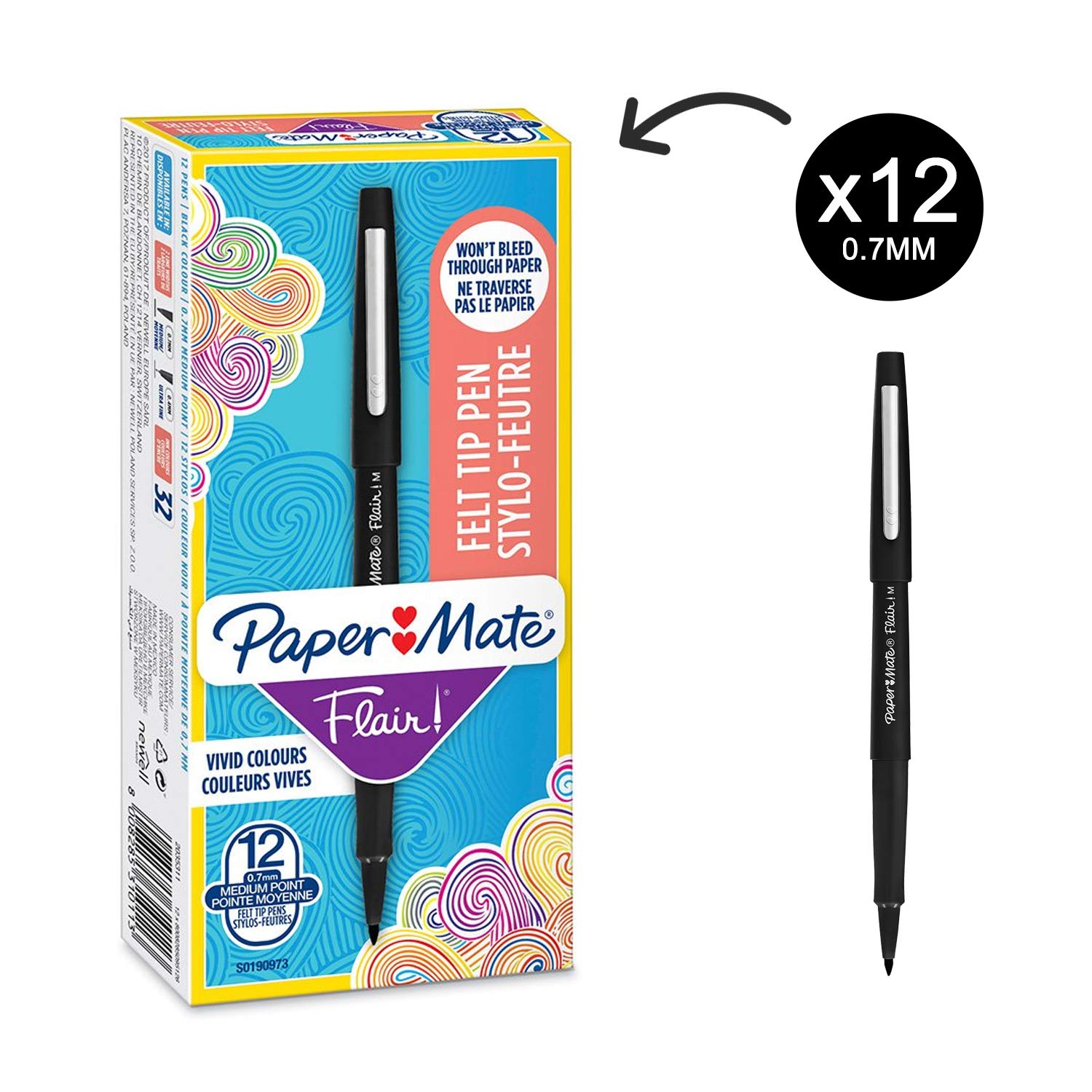 Paper Mate Flair Felt Tip Pens, Black, 1 count (Pack of 12)
