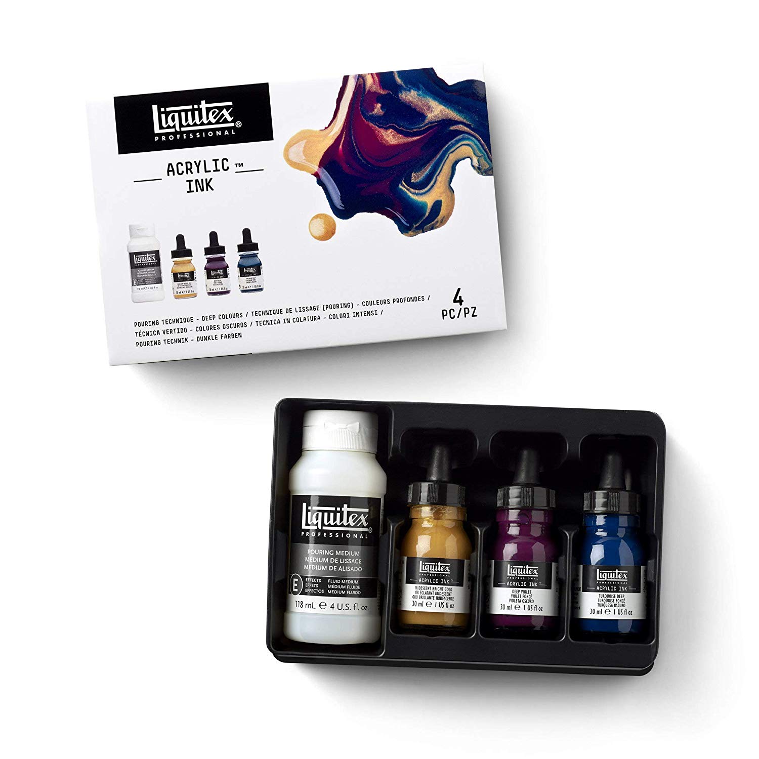 Liquitex Professional Acrylic Ink, Set of 3 x 30 ml Deep Colours and 1 x 118 ml Pouring Technique Medium - Image 2
