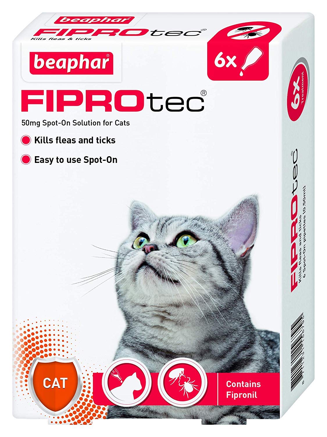 Beaphar, FIPROtec Spot-On Flea & Tick Treatment for Cats, 6 Pipettes, Kills Fleas & Ticks, Veterinary Medicine