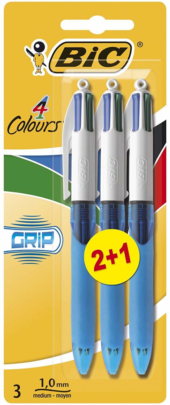 BIC 4 Colours Retractable Ballpoint Pens, Medium Point (1.0 mm) Every-Day Writing Pens with Extra Comfort Grip, Blue, Pack Of 3
