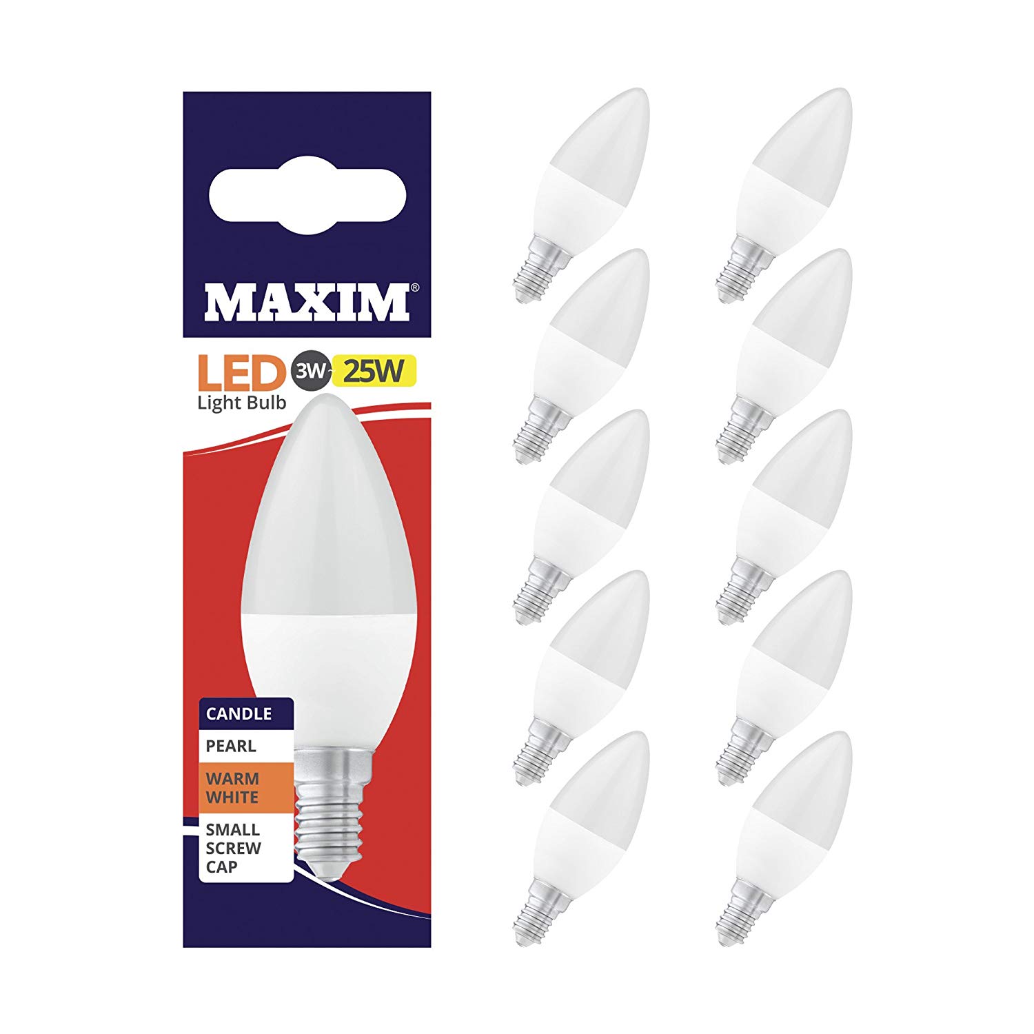Maxim LED Candle Small Edison Screw Cap (SES) Bulbs, E14, 3 W, Warm White 25MLCSESWW5X10, 10 Count (Pack of 1)