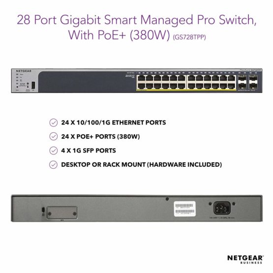 NETGEAR 28-Port Gigabit Ethernet Smart Managed Pro PoE Switch (GS728TPP) - with 24 x PoE+ @ 380W, 4 x 1G SFP, Desktop/Rackmount, and ProSAFE Lifetime Protection - Image 2