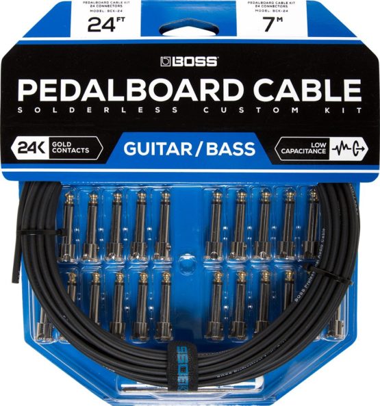 BOSS Bck-24 Solderless Pedalboard Cable Kit – 24 Foot Cable + 24 Right-Angle/Straight 1/4" Plug Connectors To Make 12 Custom Cables