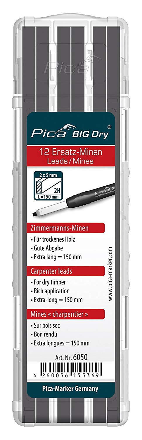 Pica BIG DRY Pen Pack of 12 Pencil Refills Carpenters Black Graphite 2H 6050