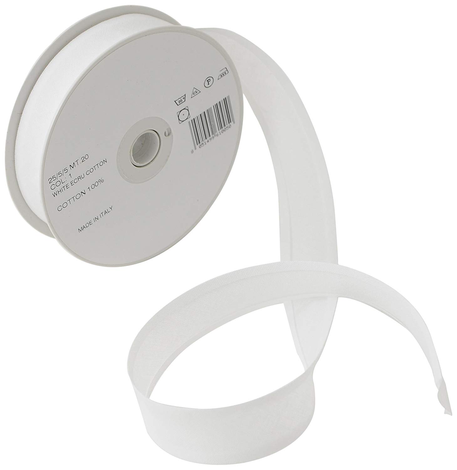 Inastri Trimz 25/5/5 mm Cotton Bias Binding, White 1 - Double‑Fold Sewing Tape for Quilting Dressmaking & DIY Crafts