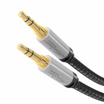 KabelDirekt – 1m – Aux & 3.5mm headphone jack cable (stereo audio cable, practically unbreakable metal casing, tangle-free nylon braiding, for smartphones/notebooks & other devices, black/silver)