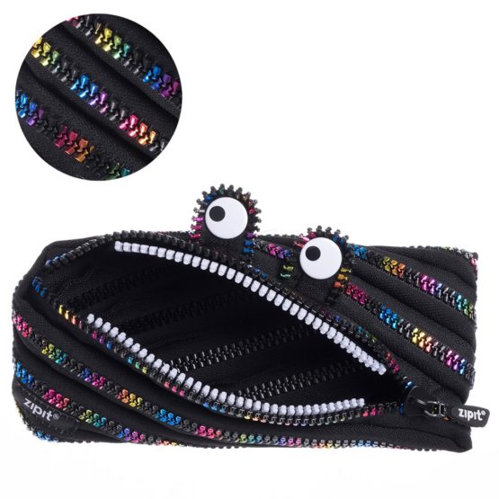 ZIPIT Monster Pencil Case for Kids, Large Capacity Cute Pencil Pouch, Holds Up to 30 Pens, Made of One Long Zipper (Black & Rainbow)