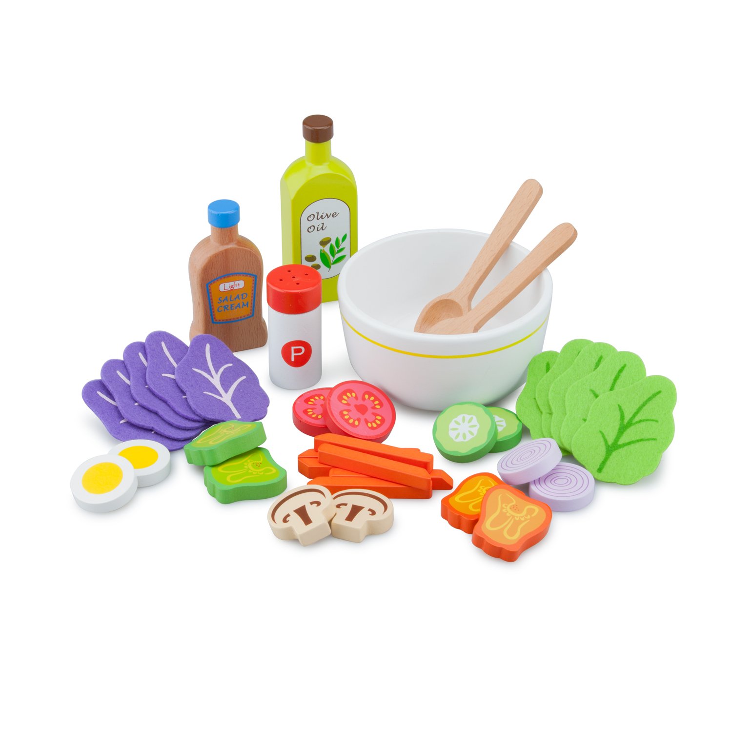 New Classic Toys, Wooden Salad Set including Salad Bowl, Salad Cream and Accessories, Pretend Play Food, Kids Toys