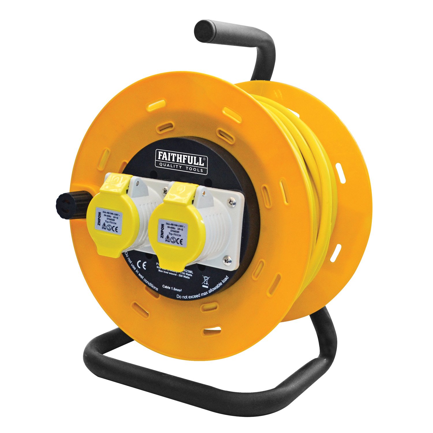 Faithfull CR50ML Cable Reel Open Frame 50 Metre 16 Amp (110 Volt), Yellow, 50 m 110 V Open