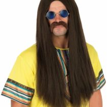 Fun Shack Mens Long Hippie Wig Brown 70s Straight Hair Accessory With Glasses Perfect for 1970s Disco, Parties and Halloween