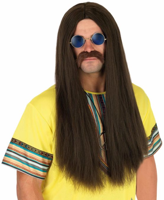 Fun Shack Mens Long Hippie Wig Brown 70s Straight Hair Accessory With Glasses Perfect for 1970s Disco, Parties and Halloween