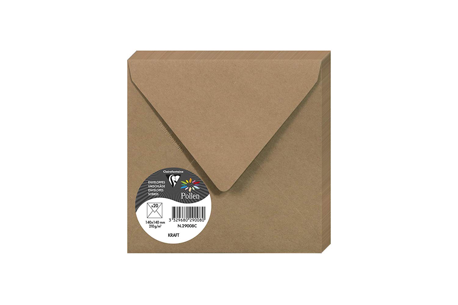 Clairefontaine 29008C Kraft Paper Pack of 20 Gummed Envelopes Square (14x14cm) 120gsm Kraft Colour Invitation Events Correspondence Pollen Range Premium