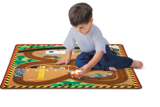 Melissa & Doug Round the Construction Zone Work Site Rug With 3 Wooden Trucks (39 x 36 inches) - Image 2