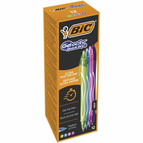 BIC Gel-ocity Quick Dry, Ultra Fast Drying Gel Ink Pens with Full Grip Barrel, Assorted Colours, Pack of 12