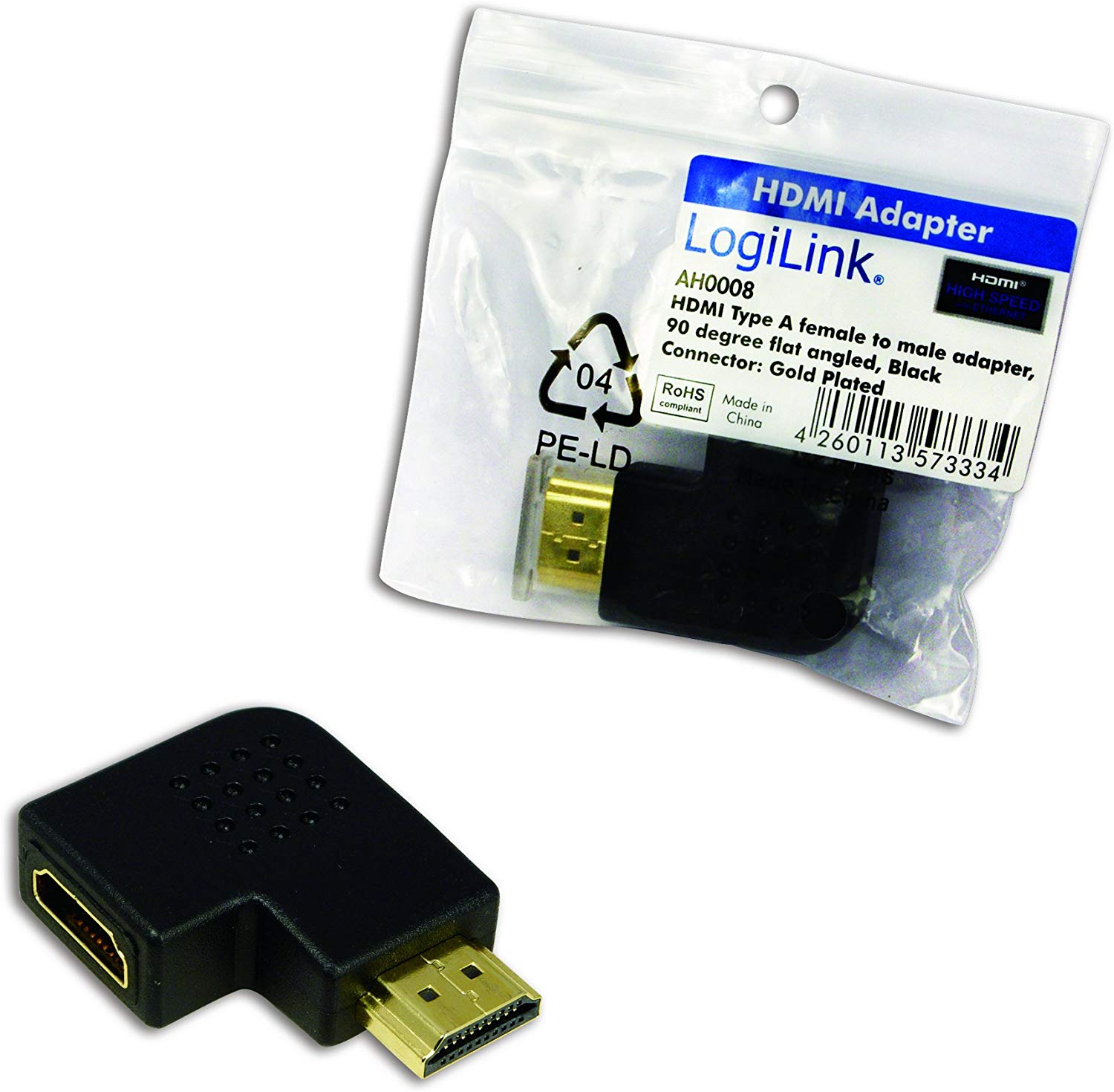 LogiLink AM to AF 90 Degree Flat Angled HDMI Adapter, black - Image 3