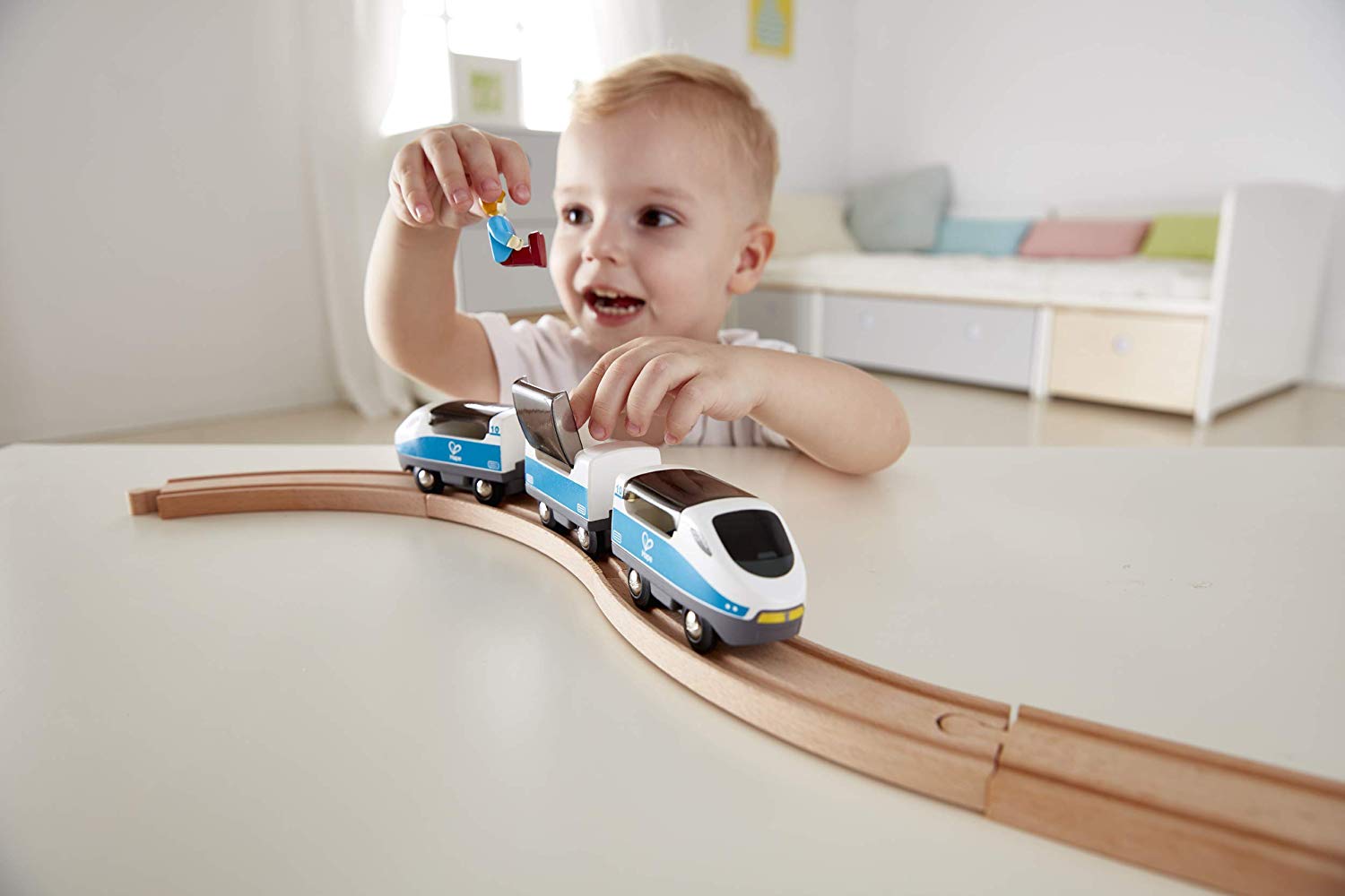 Hape Intercity Railway Engine Train - Wooden Train Track Accessories, Blue and White, Small to Medium - Image 2