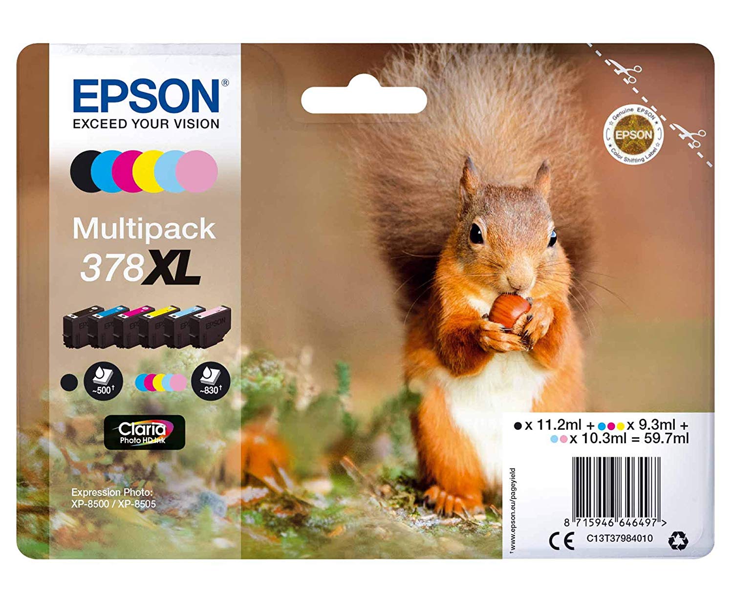 Epson 378XL High Yield Genuine Multipack, 6-colours Ink Cartridges, Claria Photo HD Ink, 6 Colour C/M/Y/B/lC/lM