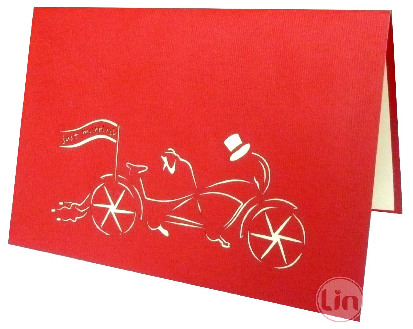 LIN - Pop Up 3D Greeting Card for a wedding Bridal Couple on tandem, handmade, (#88), red, 4.5 x 6.7 inch - Image 2