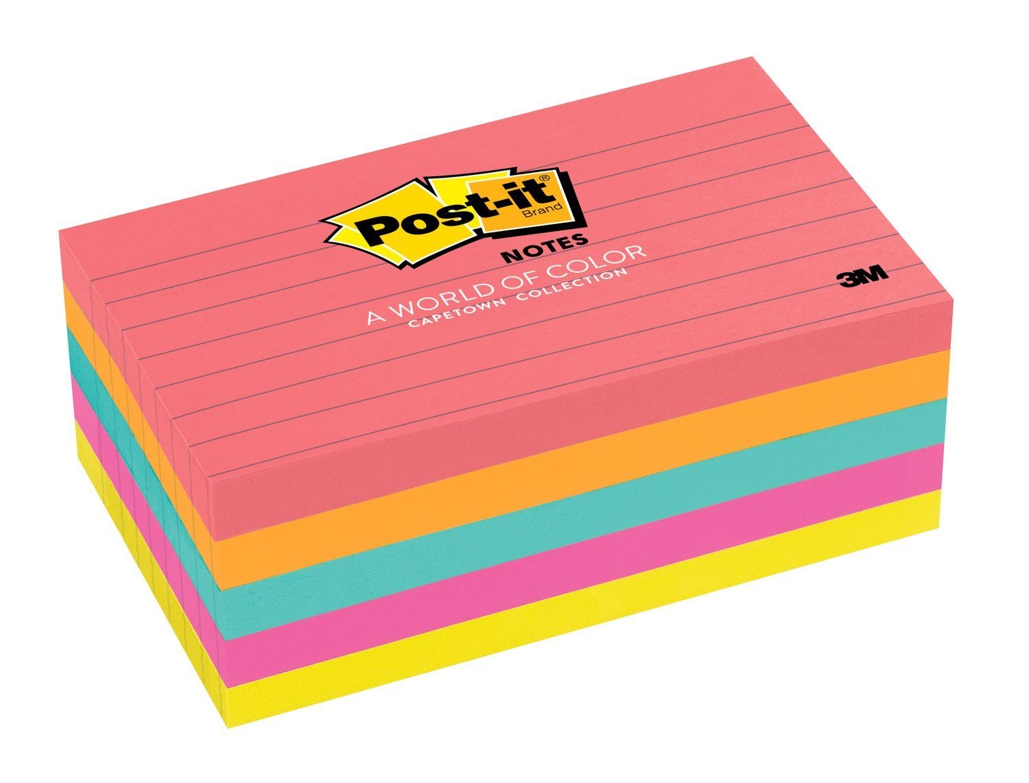 Post-it Notes, Neon Colours: Fuschia, Green, Citrus, Orange, Pink, 5 Pads Per Pack, 100 Sheets Per Pad, 76 mm x 127 mm
