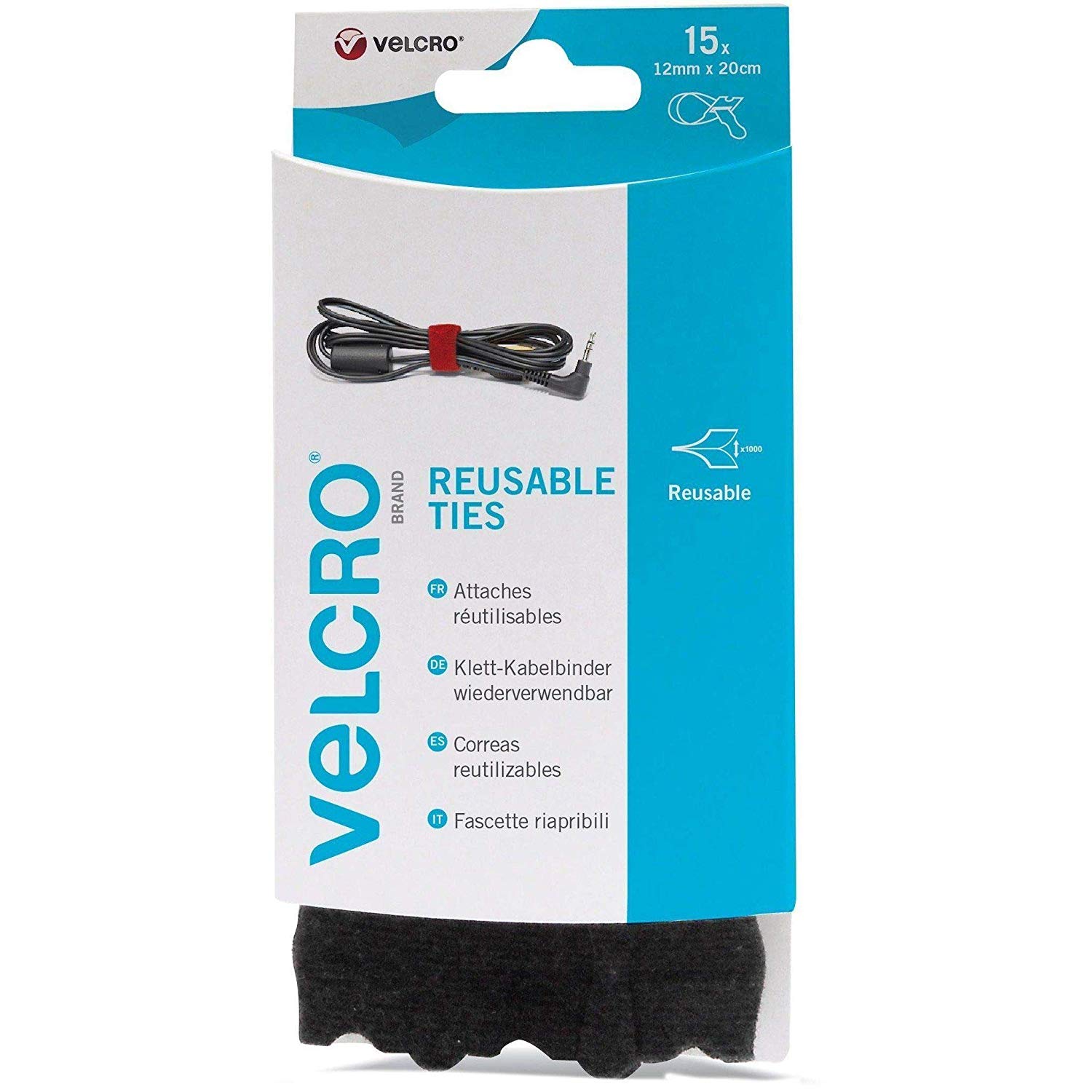 VELCRO Brand, Black, 12mm x 20cm - 15Pk