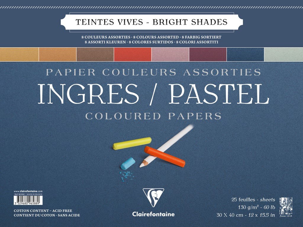 Clairefontaine, Ref 96588C, Ingres Pastel Colour Wirebound Pad (25 Sheets), 30 x 40cm Size, Cotton Content, Acid Free