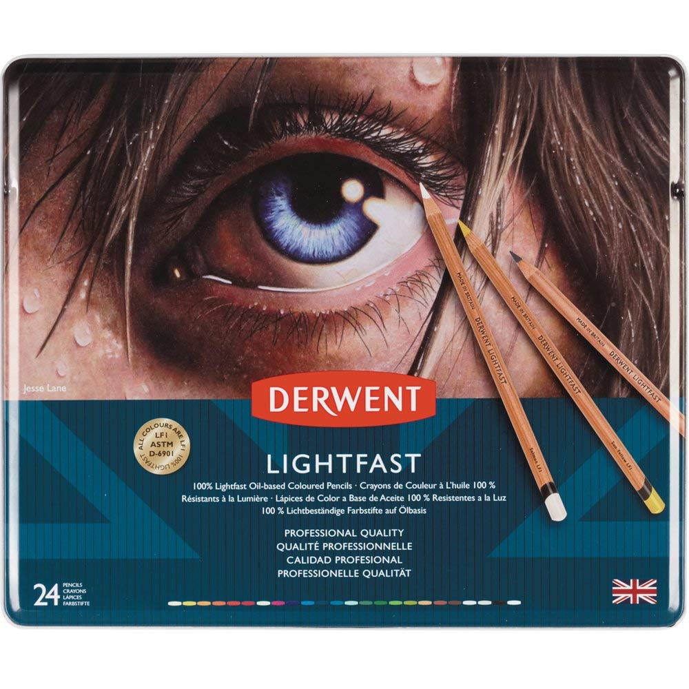 Derwent Lightfast Pencils Set Of 24 In Tin, 4mm Round Core, Premium Core Strength, Creamy Texture