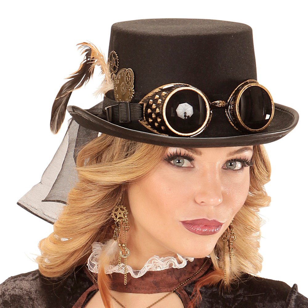Widmann Steampunk Top Hat With Goggles & Clockwork Deco, Black