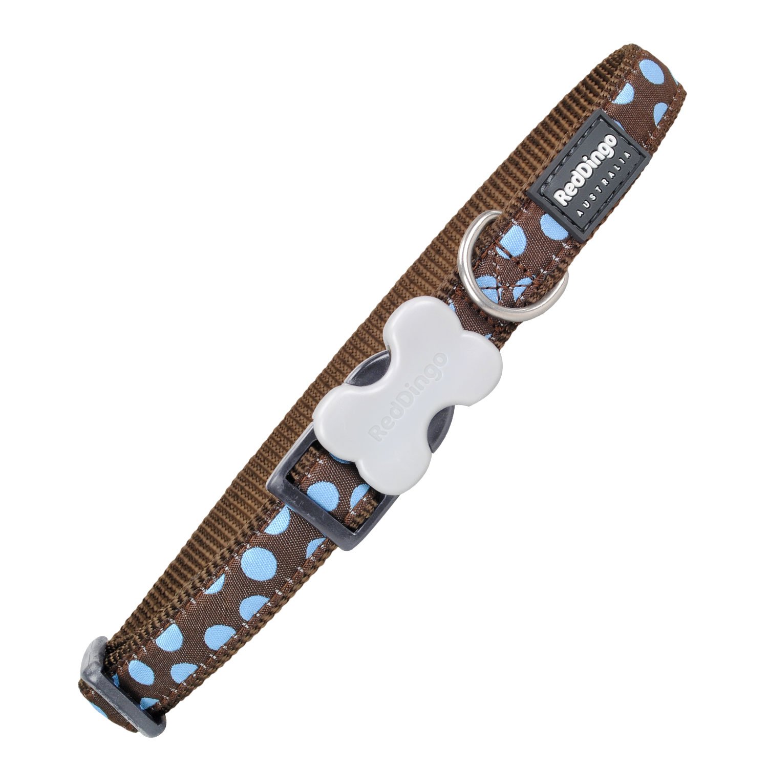 Red Dingo Bucklebone Dog Collar Design, Blue Spots on Brown, X-Small 12mm, XS