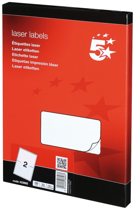 5 Star 423865 Addressing Labels Laser 2 per Sheet 199.6x143.5mm White [200 Labels]