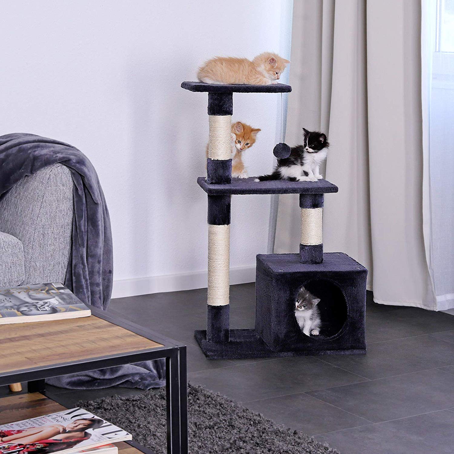 lionto Scratching tree for cats with cave and plush ball incl. bell, height 85 cm, cat tree with sisal & plush - Image 2