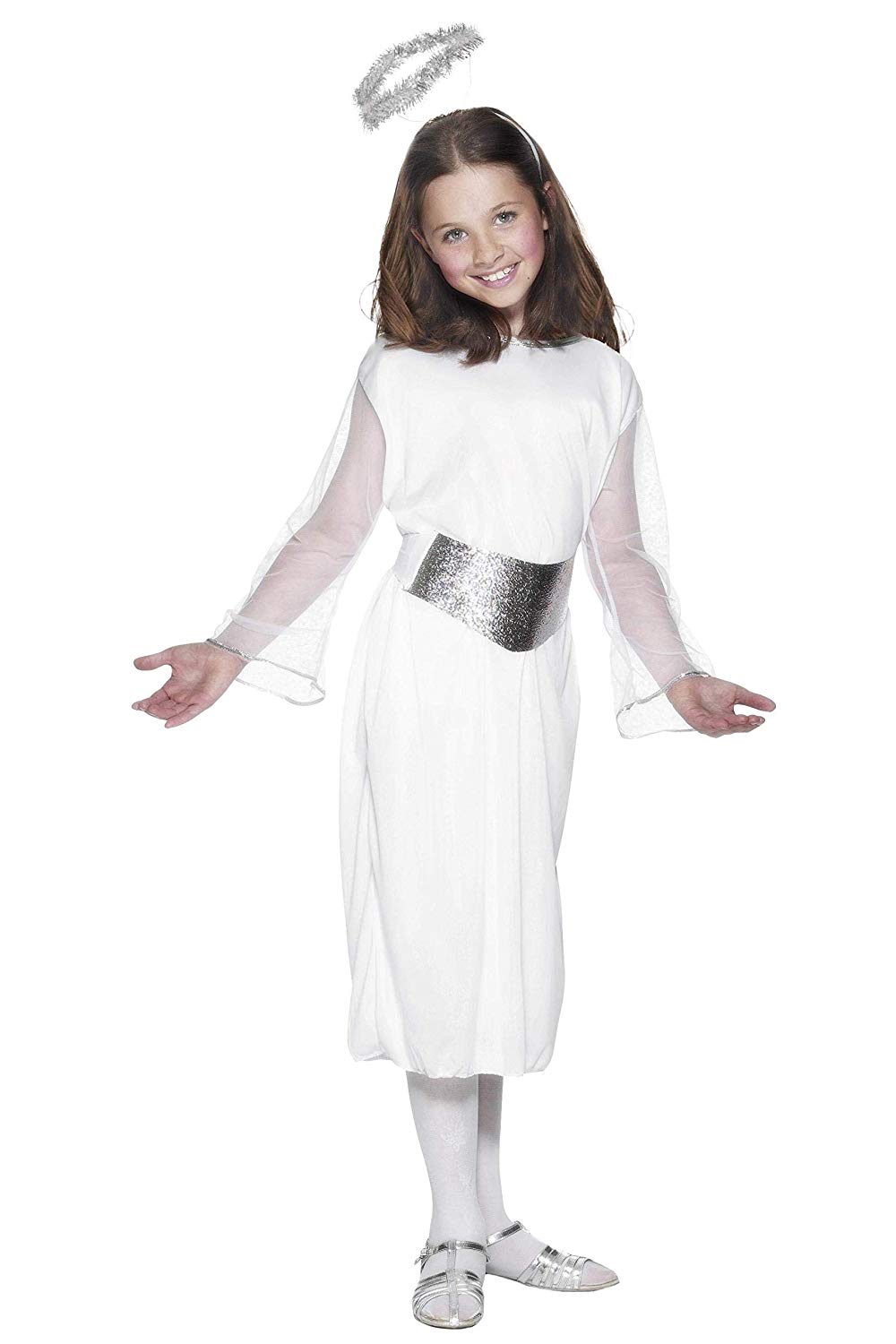 Smiffys Kids Angel Costume, White Dress, Silver Belt & Halo, Girls Christmas Nativity Outfit