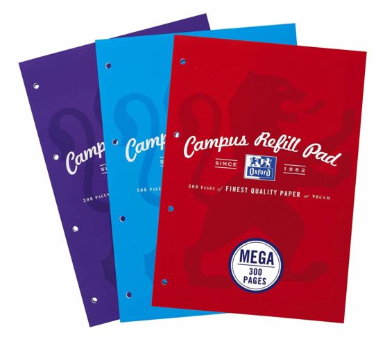 Oxford Campus, Lined Paper A4 Refill Pad, 300 Pages, Assorted Colours, Pack of 3