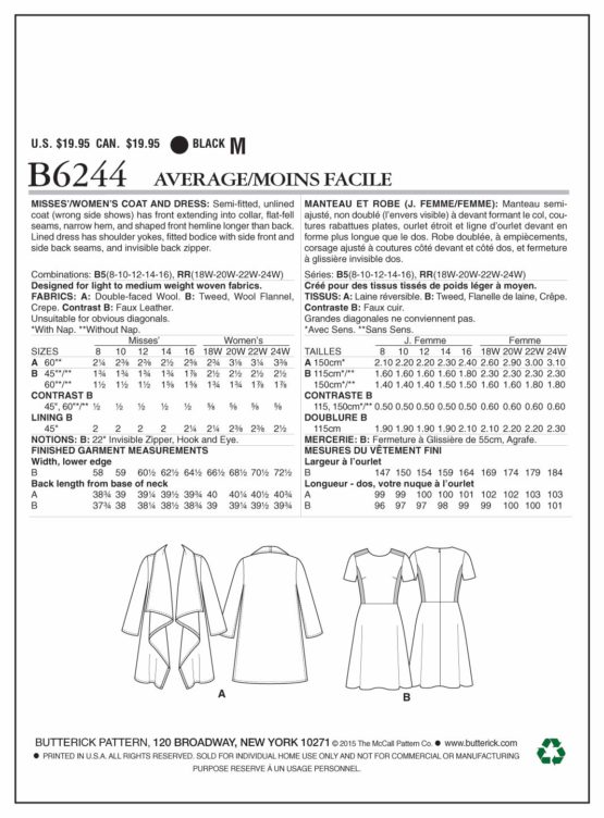 Butterick Patterns 6244 RR,Misses/Women's Coat and Dress,Sizes 18W-20W-22W-24W - Image 2
