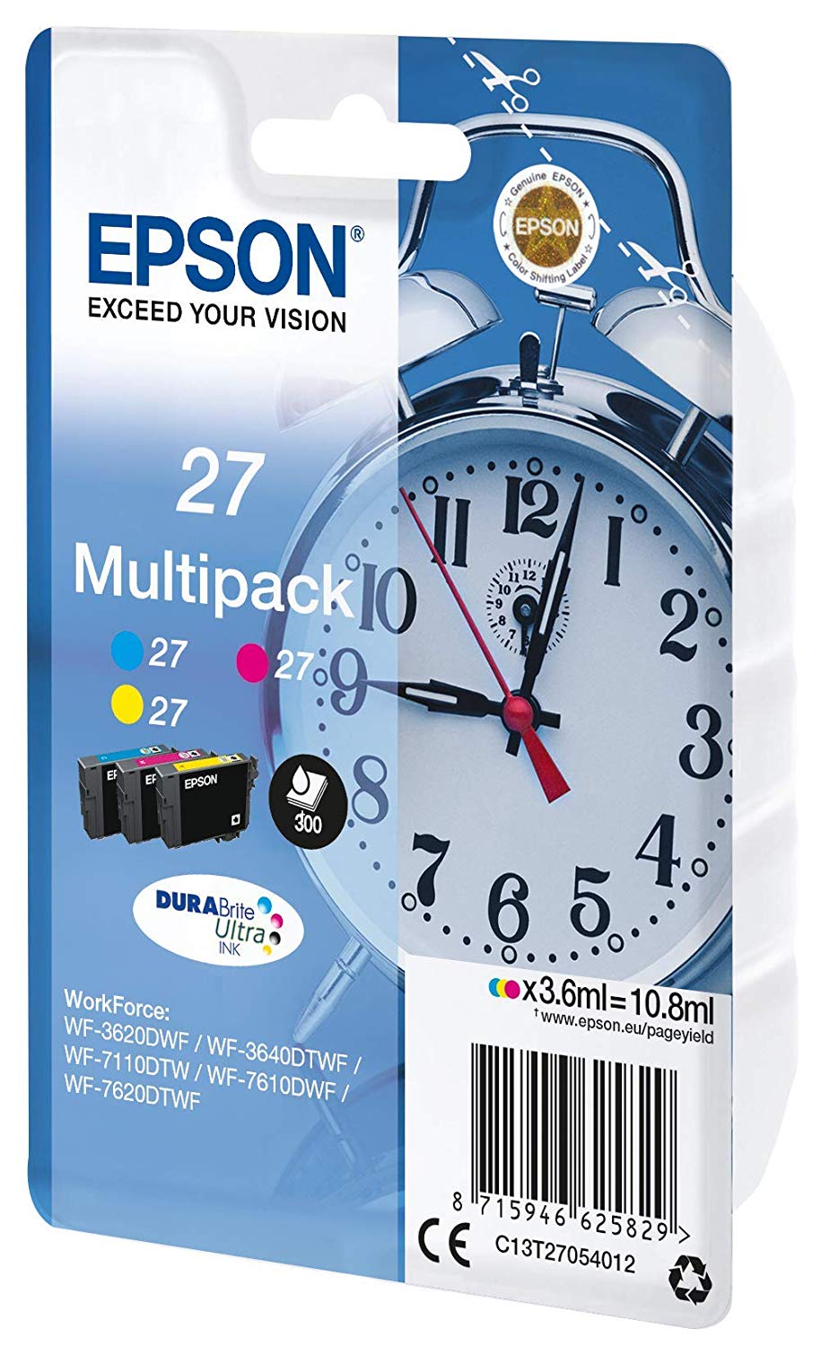 Epson 27 Alarm Clock Genuine Multipack, 3-colours Ink Cartridges, DuraBrite Ultra Ink, Multi Color, Standard Capacity