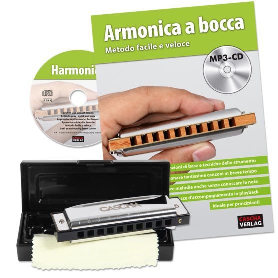 Cascha harmonica learner's set for beginners - Italian textbook - 10-hole diatonic harmonica in C-tuning - incl. MP3-CD learning book hard-case cleaning cloth - blues harp school Italian