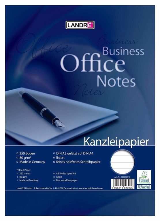Landre 100050618 Foolscap Paper, DIN A3 Folded to A4, Lined, 80 g/m² Fine, 250 Sheets per Pack Official Paper"Office", DIN A3 Folded to A4, Lined