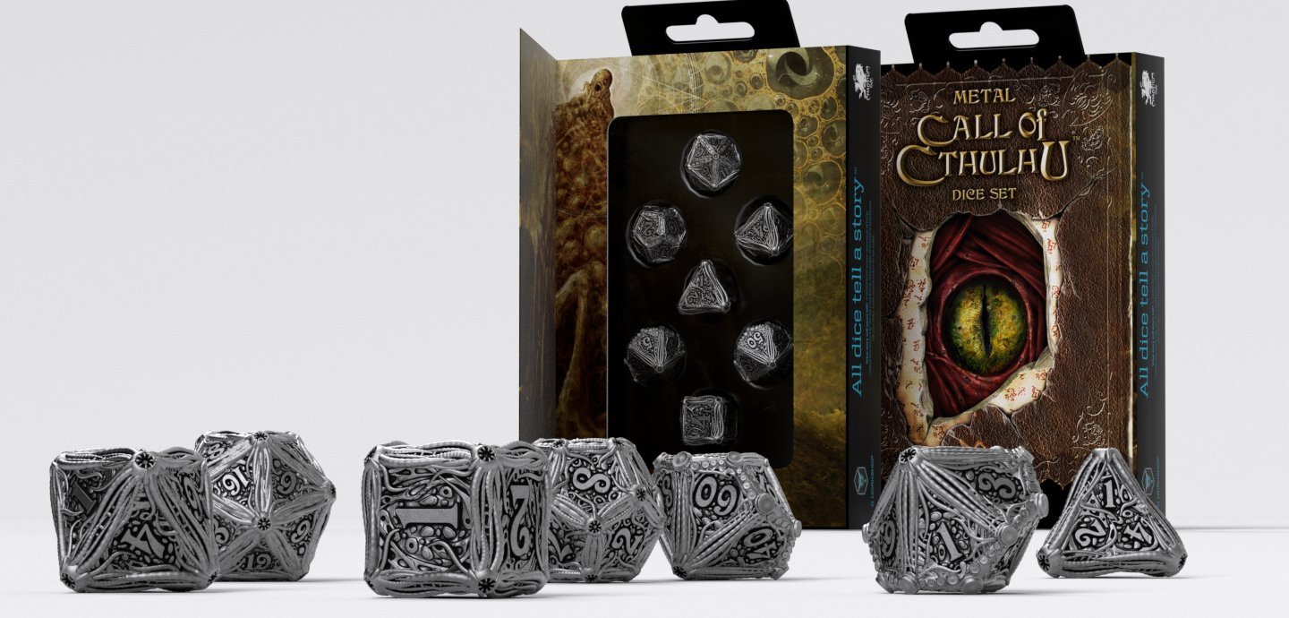 Q WORKSHOP Metal Call Of Cthulh Dice Set (7), Silver,black, d4, d6, d8, d10, d12, d20, d100 - Image 3