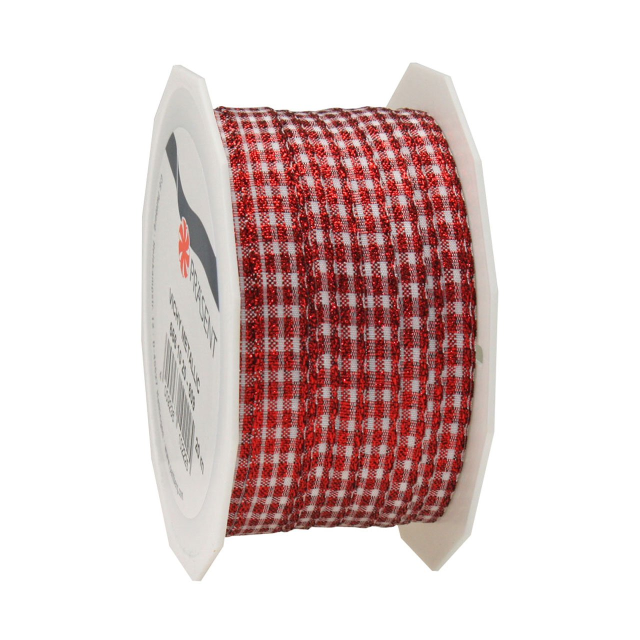 Prasent 20 m 10 mm Vichy Metallic Decorative Woven Ribbon, Red/White, Red-White, 10mm - 20m