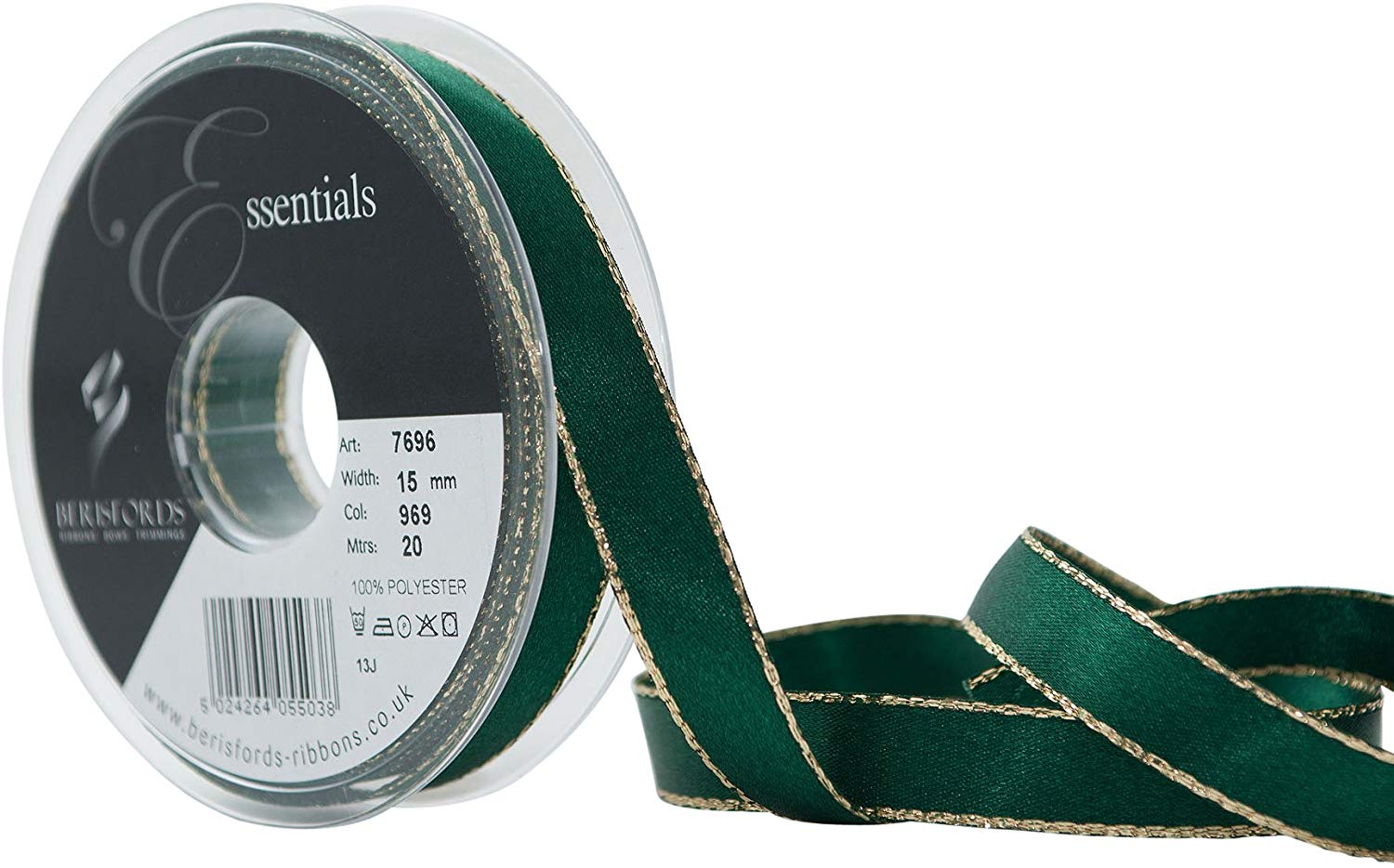 Berisfords 15 mm Gold Edge Satin Ribbon, Forest