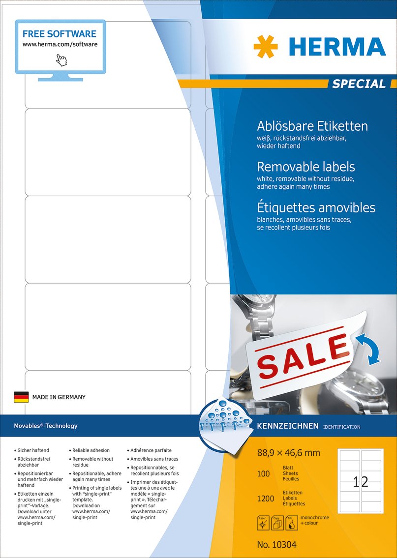 HERMA Self Adhesive Removable Labels, 12 Labels per A4 Sheet, 100 Sheets, 88.9 x 46.6 mm, 1200 Labels - Image 3